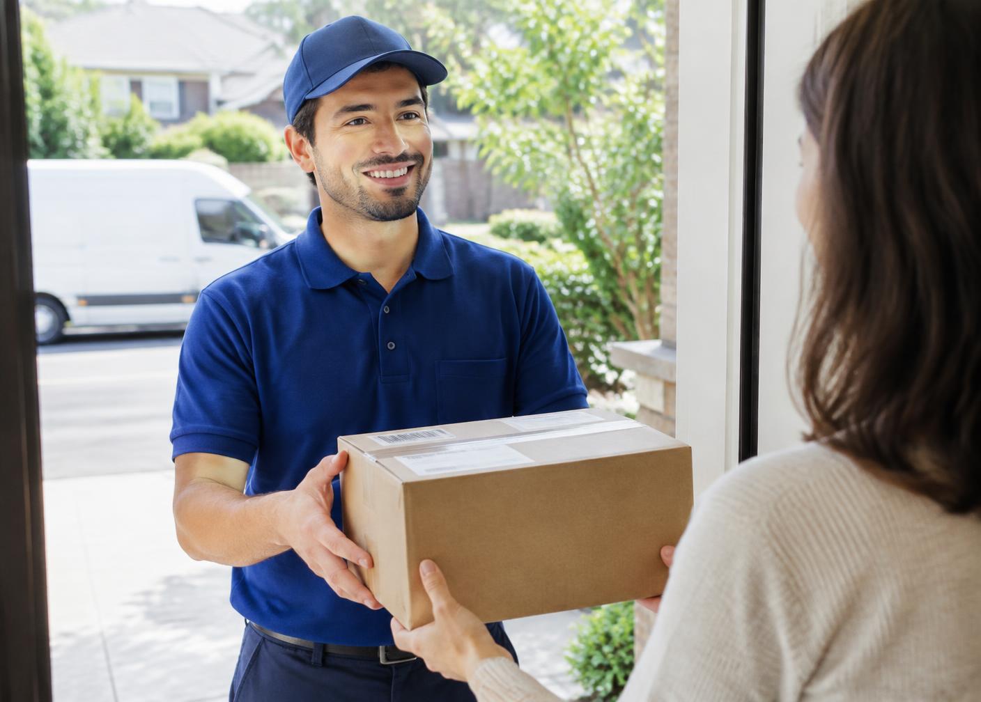 An Elvaris Logistics driver handing a parcel to a customer